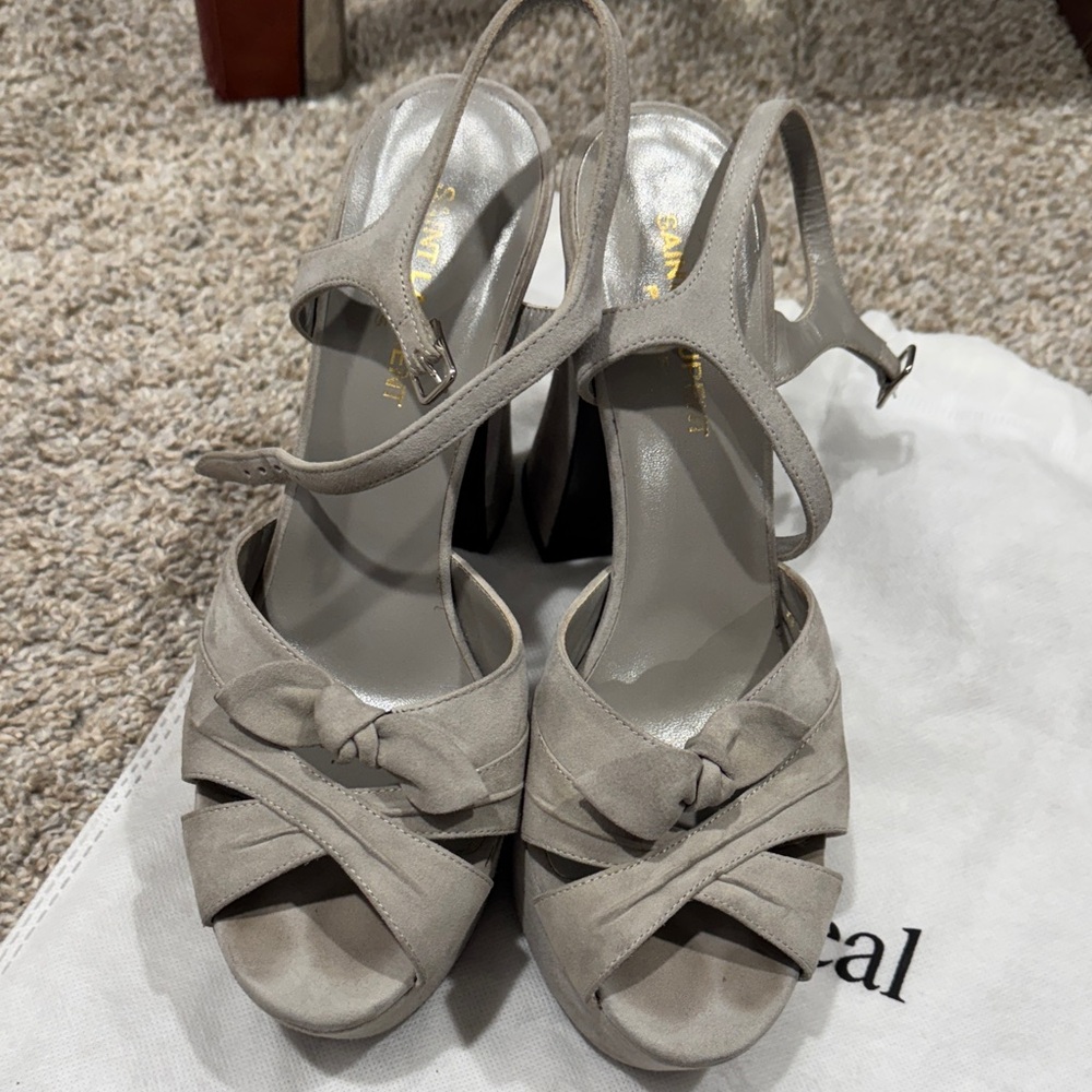 YSL Saint Laurent Women's Grey Suede Paige Heeled Sandals - Picture 9 of 9